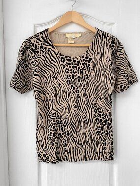 Michael Kors Animal Print Top Beige Black Zebra Leopard Tee Size L